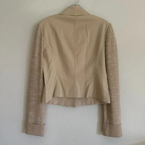 ST. JOHN Knit Sleeve Khaki Cotton Cropped Jacket S Quiet Luxury Academia